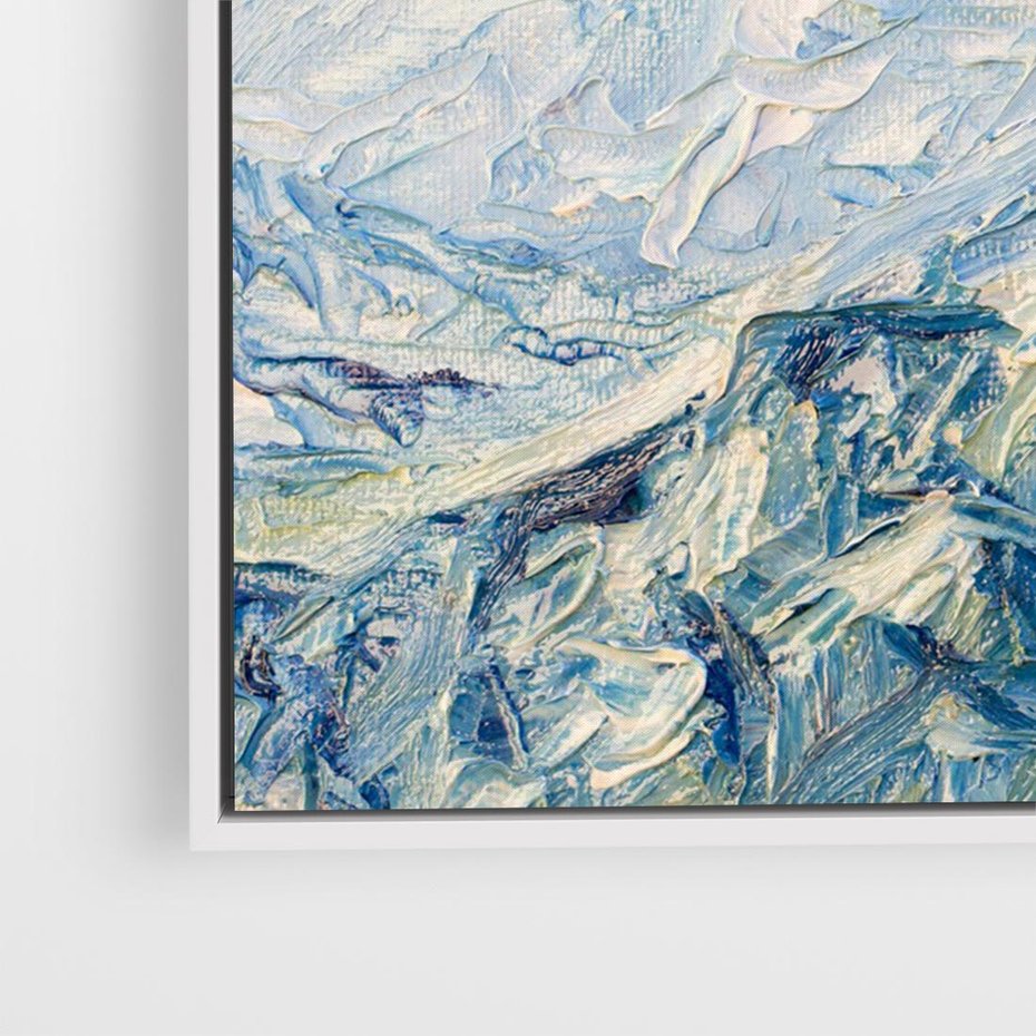 Obraz w ramie 70x50 - Majestat Błękitnych Szczytów - olejny obraz, górski pejzaż - rama biała