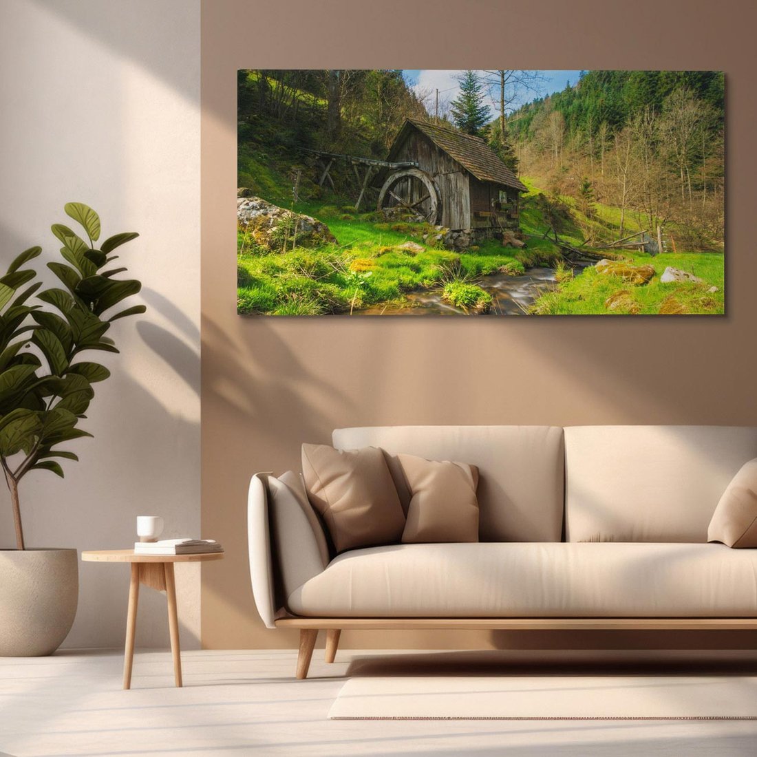 Obraz na płótnie 140x70 - Urok górskiego domku nad strumykiem - domek, góry