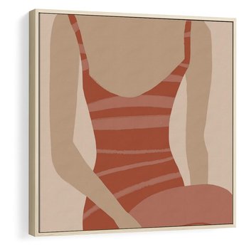 Obraz w ramie 80x80 - Kobiece Retro - minimalistyczny boho plakat, retro kobieta w stroju kąpielowym - rama drewno