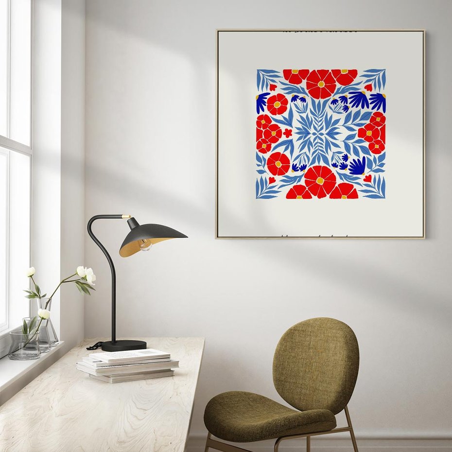 Obraz w ramie 80x80 - Tajemnicza Droga - nowoczesna kwiatowa kompozycja, czerwony i niebieski - rama drewno