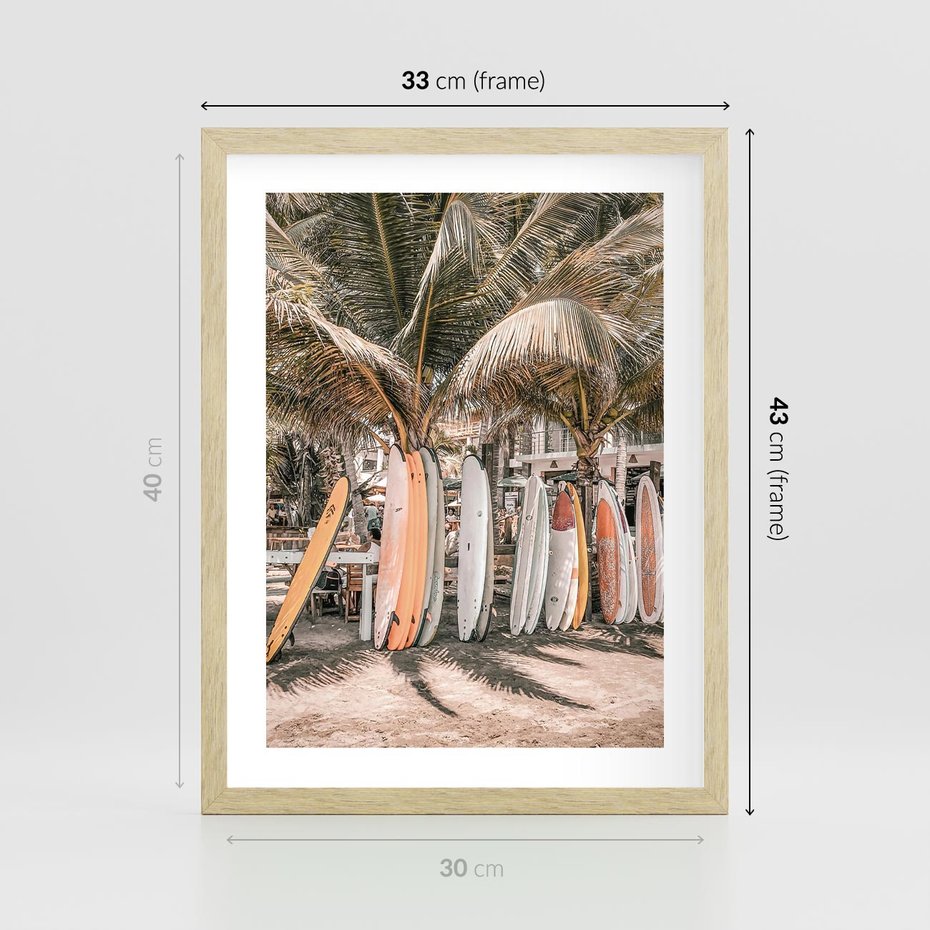 Plakat w ramie 30x40 - Surfingowy Raj - deski surfingowe, na plaży - rama drewno