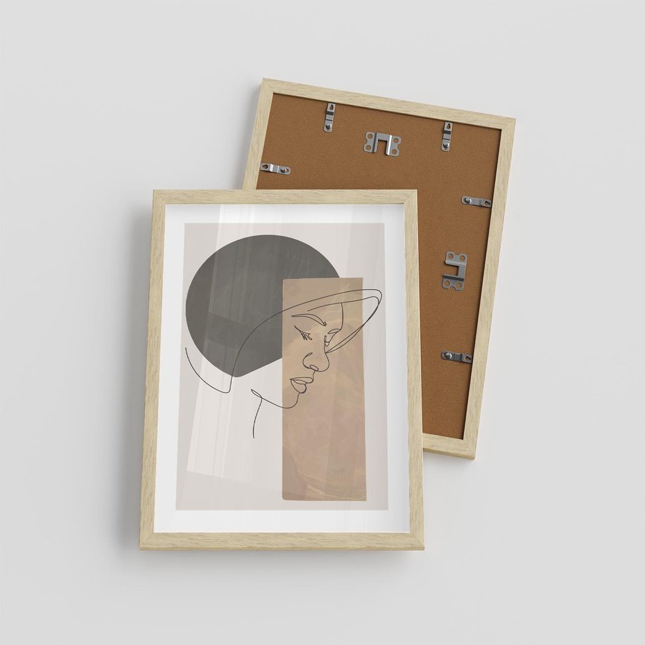 Plakat w ramie 30x40 - Jedną Linią: Kobieca Twarz - abstrakcja, plamy w tle - rama drewno