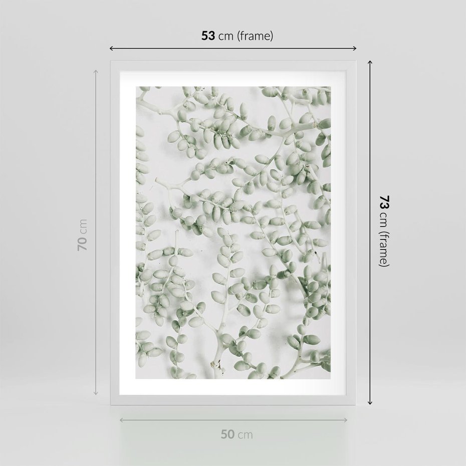 Plakat w ramie 50x70 - Delikatność Zieleni - zielone gałązki, listki - rama biała