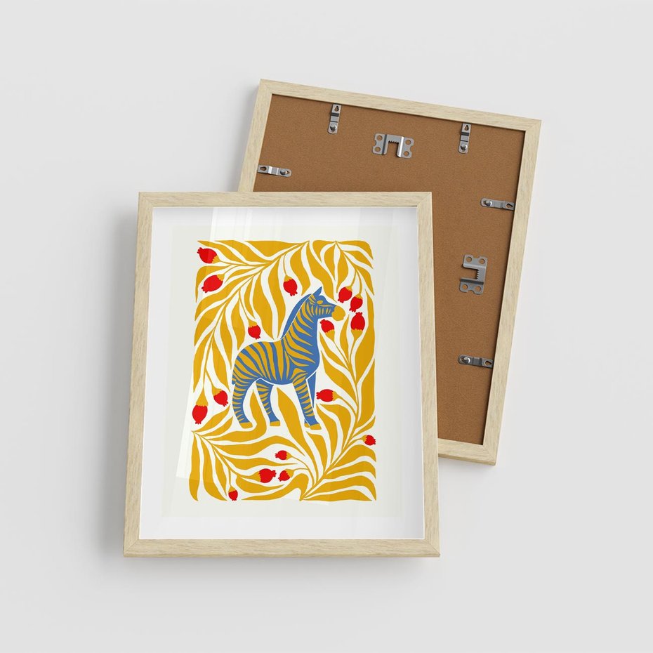 Plakat w ramie 40x50 - Zebra w Nowoczesności - abstrakcyjna nowoczesna grafika, pośrodku zebra - rama drewno