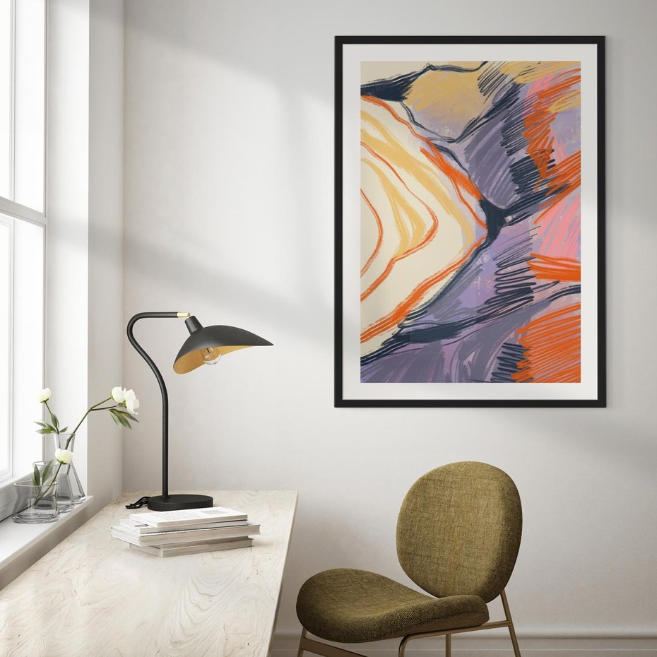 Plakat bez ramy 21x30 - Pokreślony Świat - abstrakcyjne formy, odcienie pomarańczu i fioletu