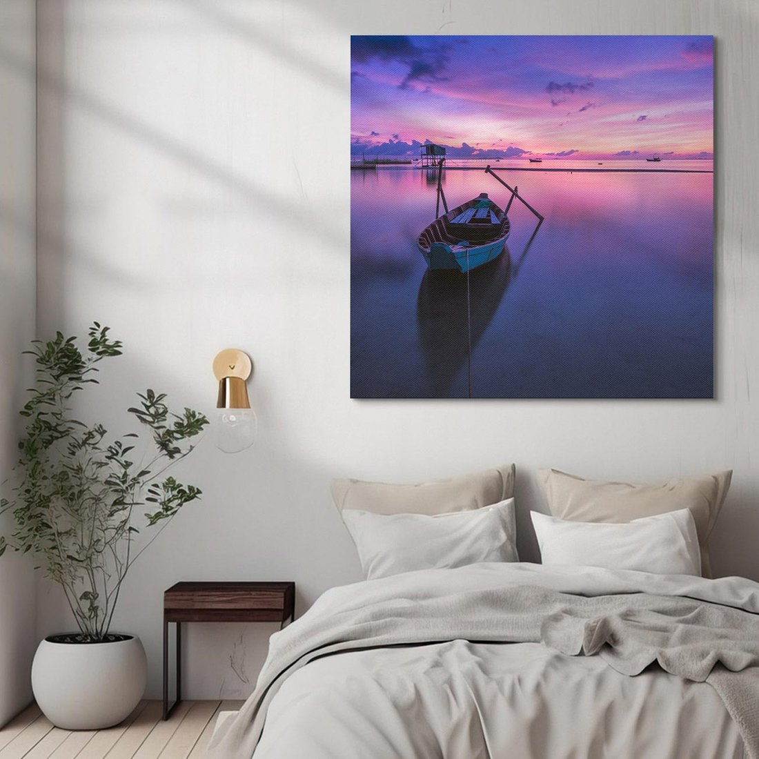 Obraz na płótnie 60x60 - Łódka i zachód słońca nad morzem - łódka, morze