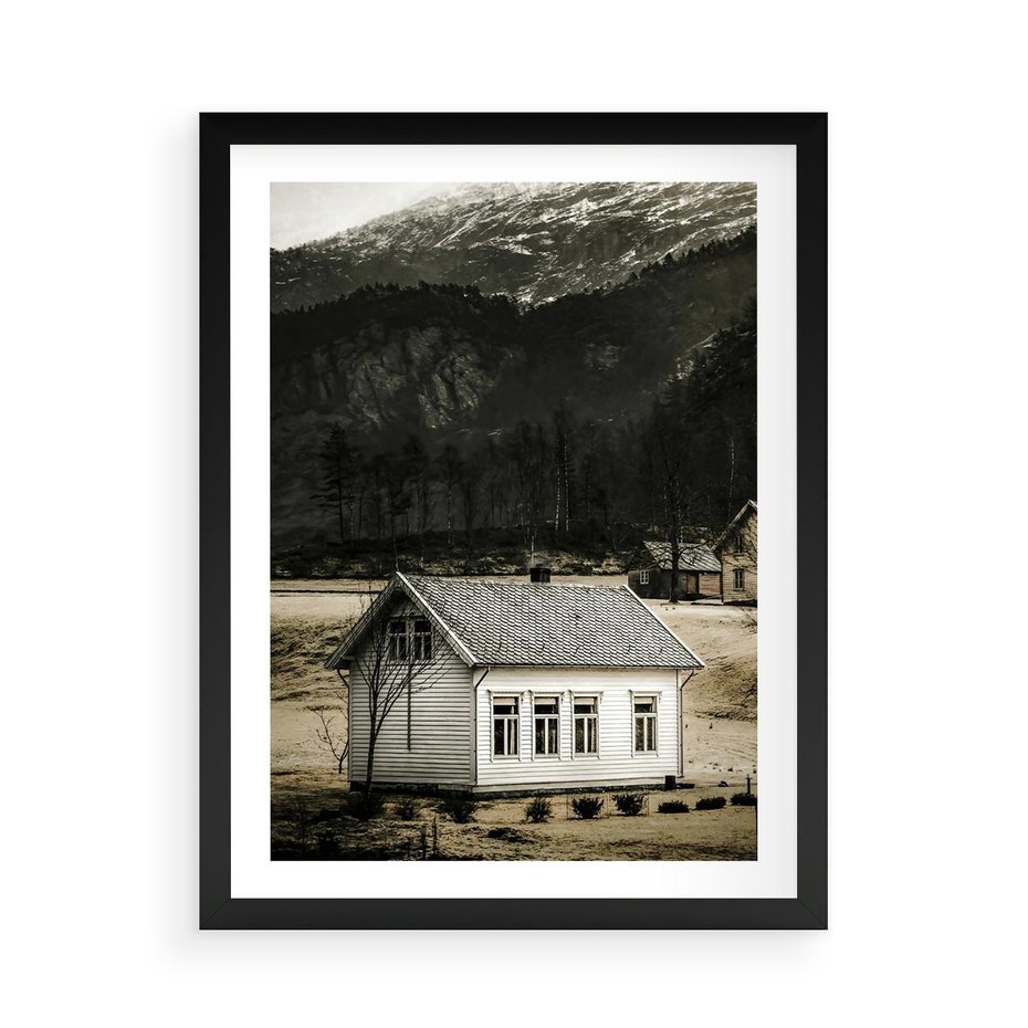 Plakat w ramie 50x70 - Ciepło i Urok Górskiego Domku - domek w górach, sepia - rama czarna