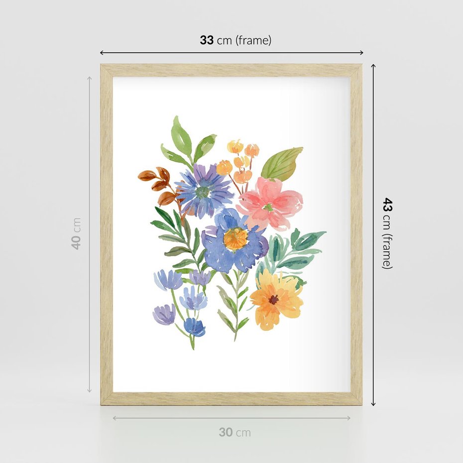 Plakat w ramie 30x40 - Kwiatowe Opowieści - akwarelowe polne kwiaty, minimalistyczna sztuka - rama drewno