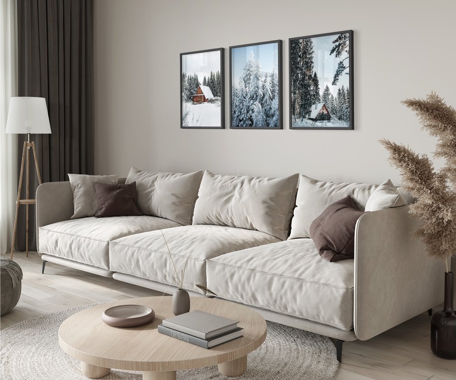 Zestaw obrazy w ramie 50x70 galeria - Las, zima, domki, śnieg - rama czarna