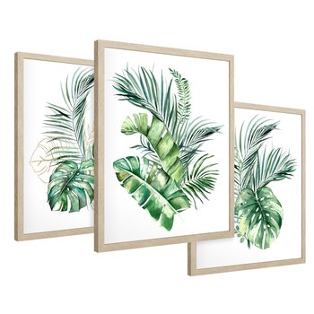 Zestaw obrazy w ramie 30x40 galeria - Liście, monstera, palma, złote, akwarele - rama drewno