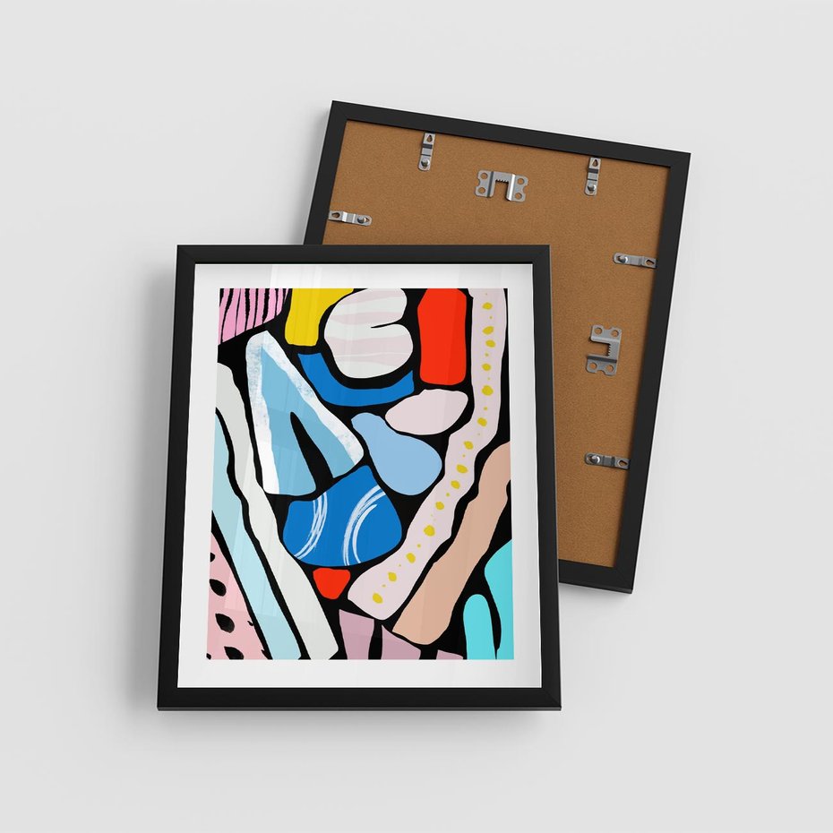 Plakat w ramie 40x50 - Kolory Na Czerni - abstrakcyjne formy, komiksowy styl - rama czarna