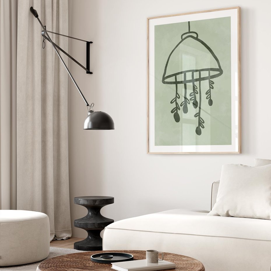 Plakat w ramie 30x40 - Zieleń Inspirującego Spokoju - plakat z abstrakcyjną zieloną lampą, skandynawski design - rama drewno