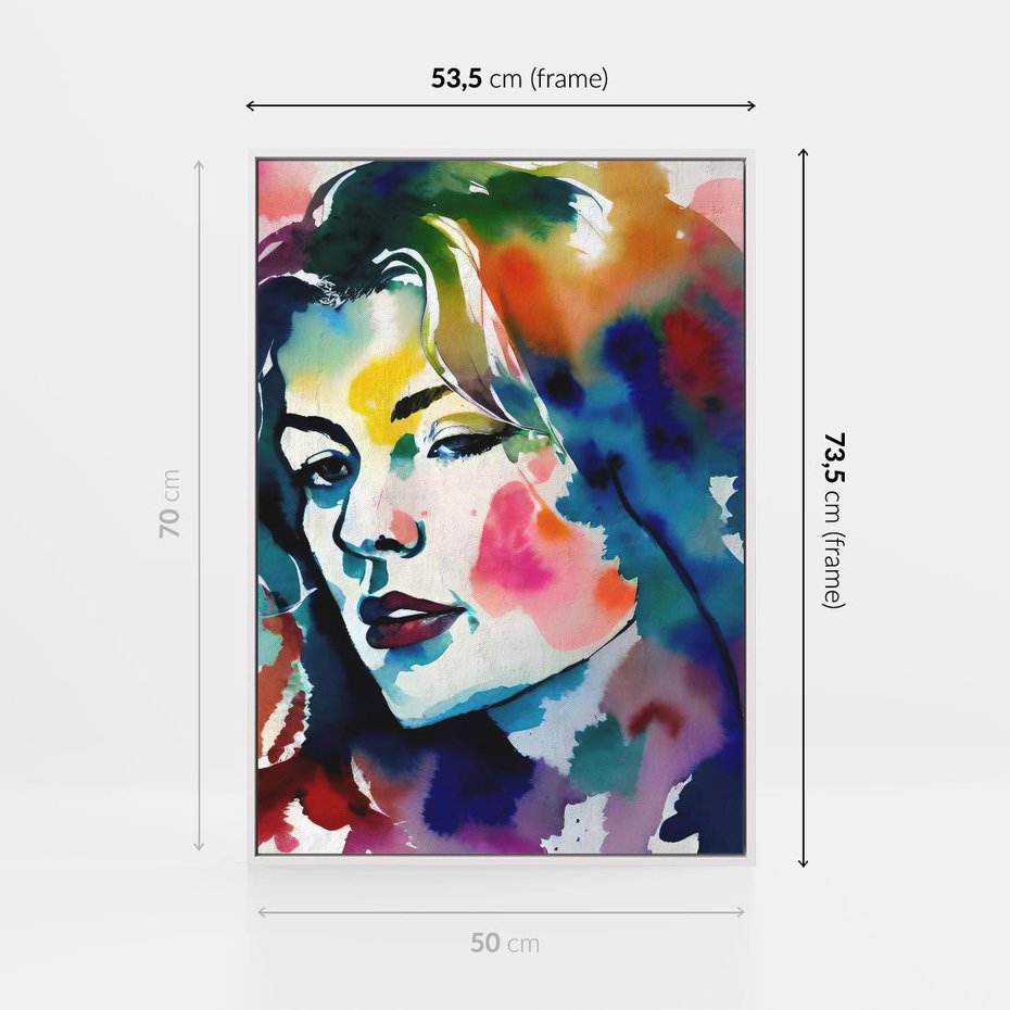 Obraz w ramie 50x70 - Abstrakcyjna ekstaza barw - abstrakcyjny portret kobiety, szkic czarną kreską - rama biała