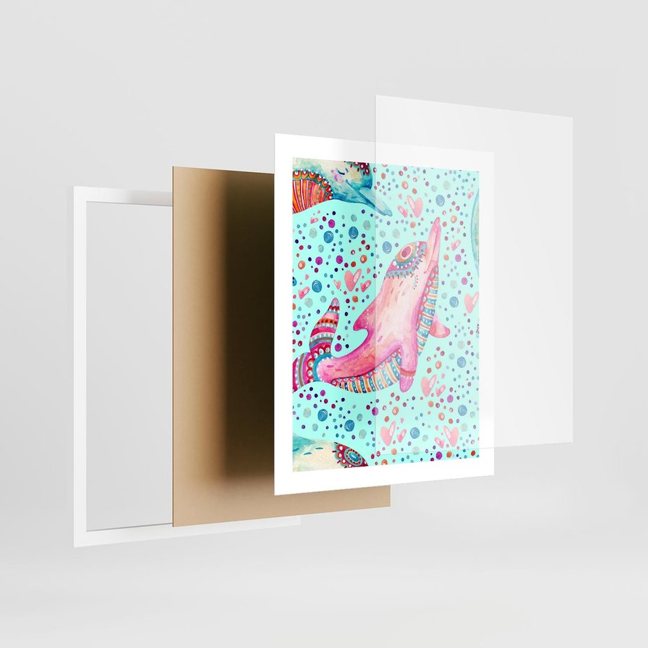 Plakat w ramie 40x50 - Lekkość W Ruchu - delfin, akwarela - rama biała