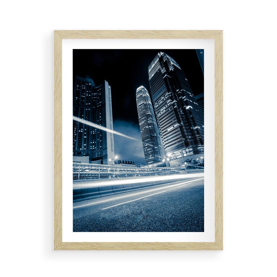 Plakat w ramie 50x70 - Nocne pejzaże miasta - miasto, nocą - rama drewno