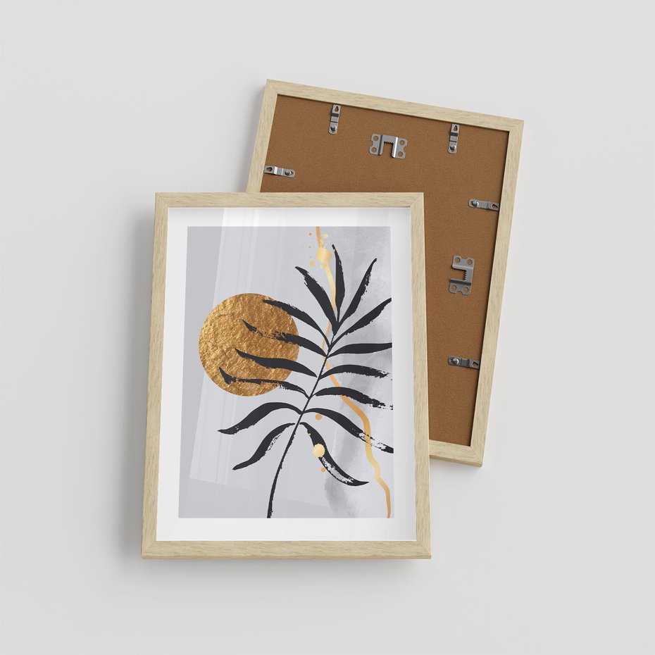 Plakat w ramie 30x40 - Grafika z Czarnym Liściem Palmy - czarny liść palmy, złóte kołó - rama drewno