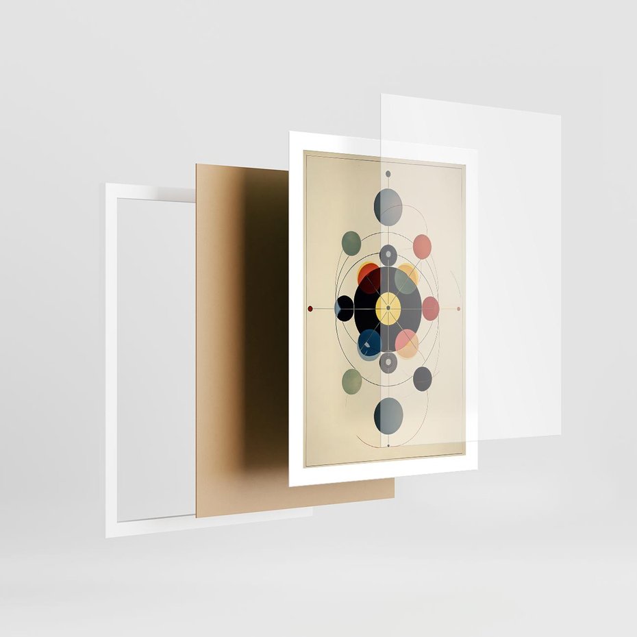 Plakat w ramie 50x70 - Bezgraniczny Taniec Światła - abstrakcyjna geometryczna kompozycja, koła linie - rama biała