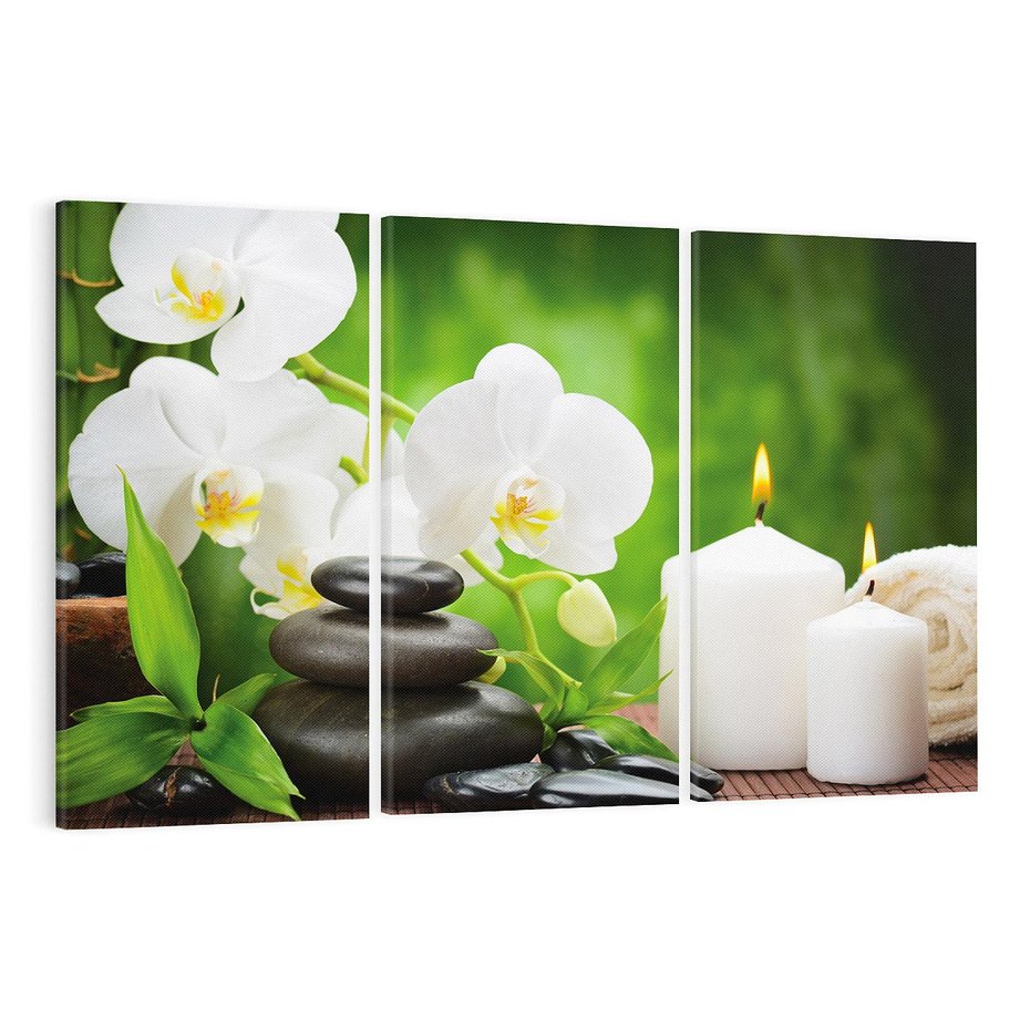 Obraz na płótnie 120x80 - Relaksacyjny SPA: masaż z kamieniami i kwiatami - SPA, masaż