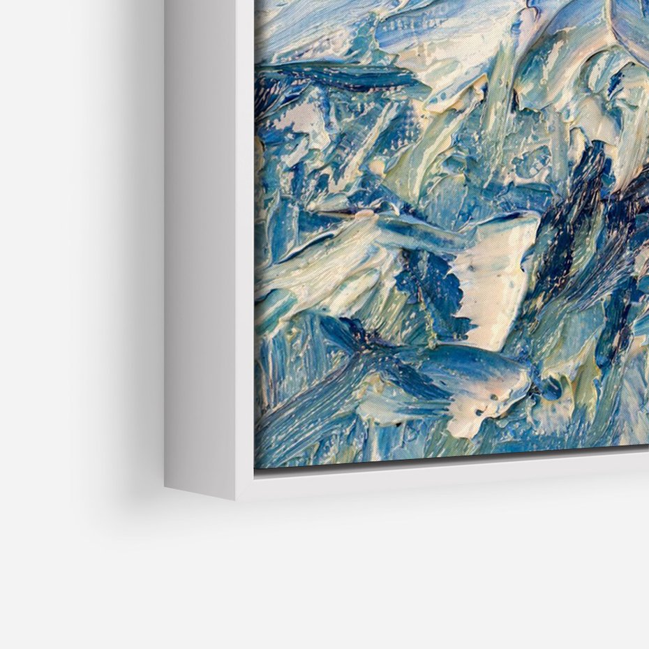 Obraz w ramie 70x100 - Majestat Błękitnych Szczytów - olejny obraz, górski pejzaż - rama biała