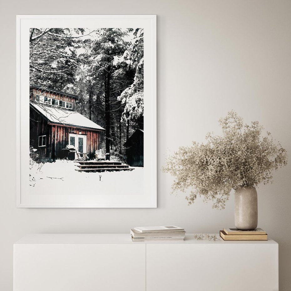 Plakat bez ramy 21x30 - Zimowy Urok Drewnianego Domku - zima, drewniany domek