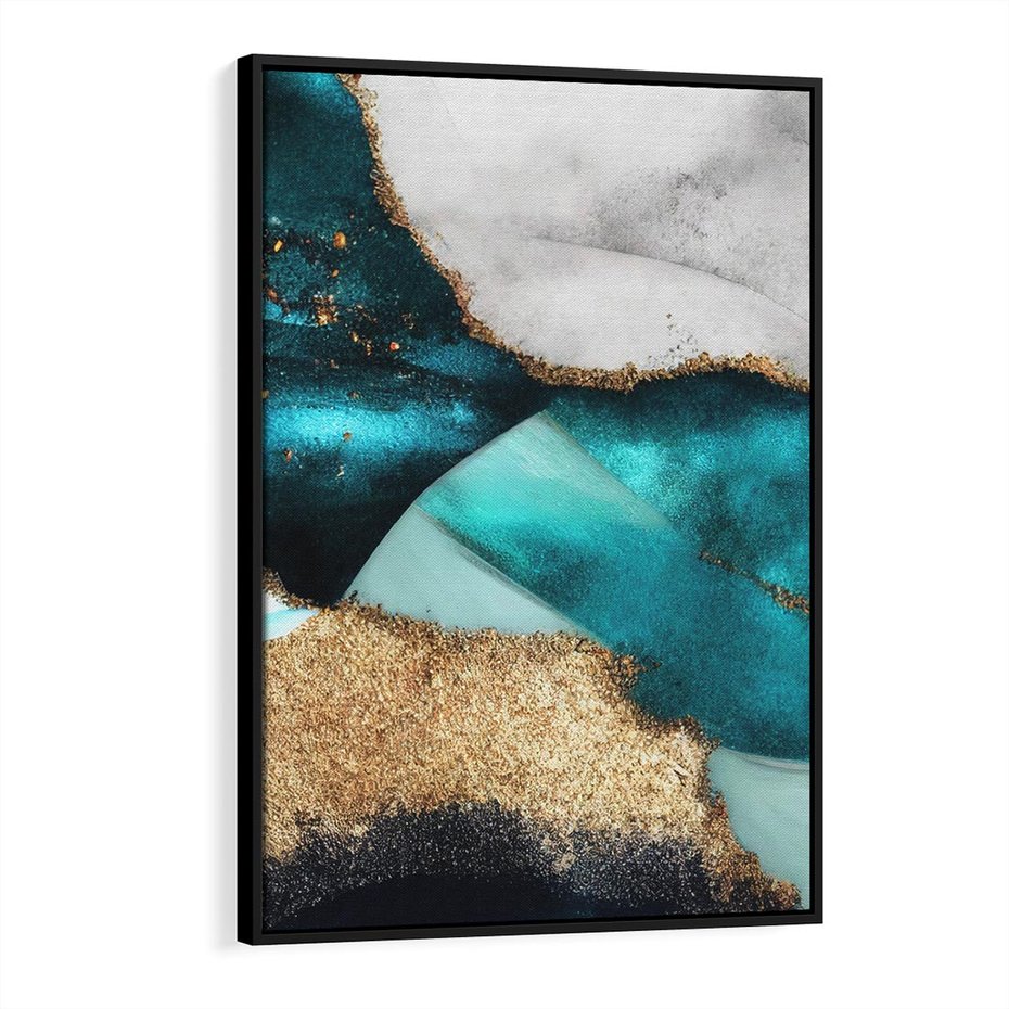 Obraz w ramie 70x100 - Rozlane Turkusy - Turkusowe plamy, złote elementy - rama czarna