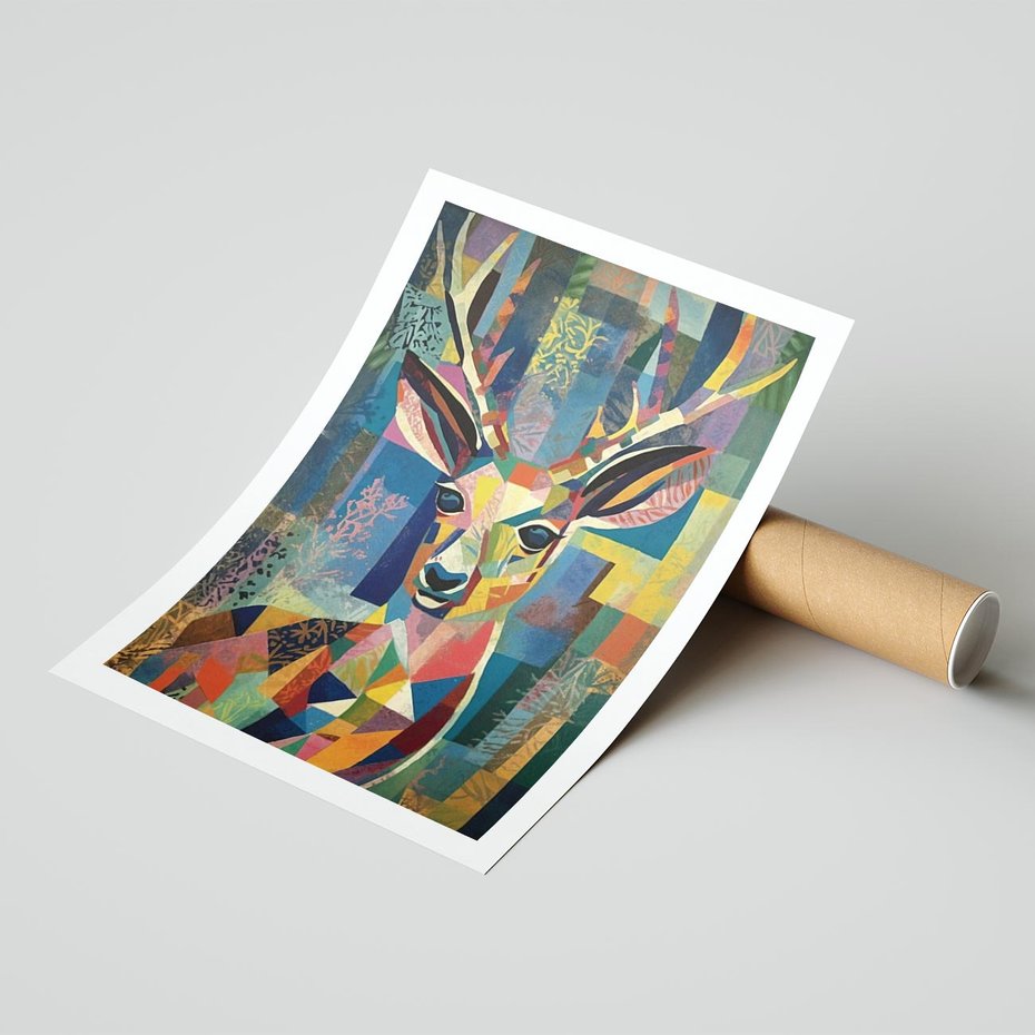 Plakat bez ramy 21x30 - Bezgraniczne Kontury Zaskoczenia - abstrakcyjny obraz olejny, jeleń