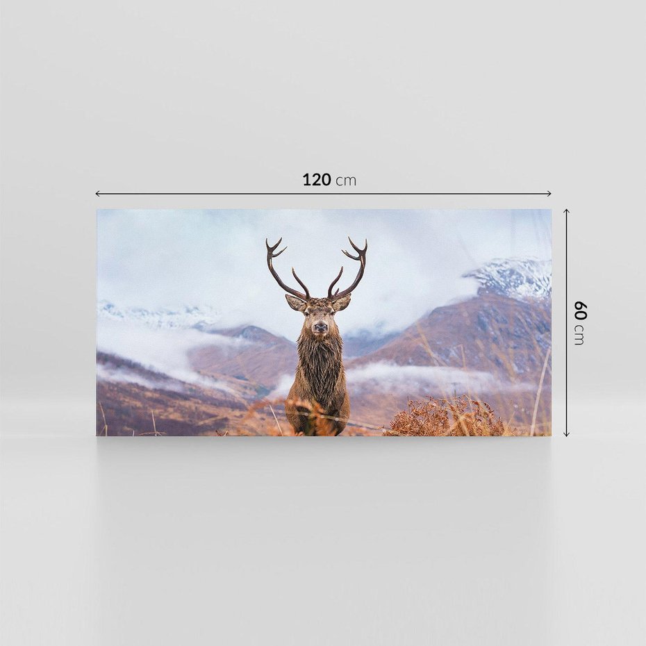 Obraz na płótnie 120x60 - Jeleń w Uśpionym Krajobrazie - jeleń na tle gór, ośnieżone góry
