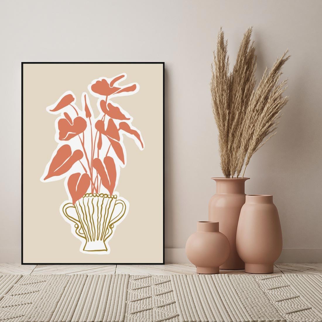 Obraz w ramie 50x70 - Harmonijne Echa - abstrakcyjne kwiaty liście, elegancka kompozycja - rama czarna