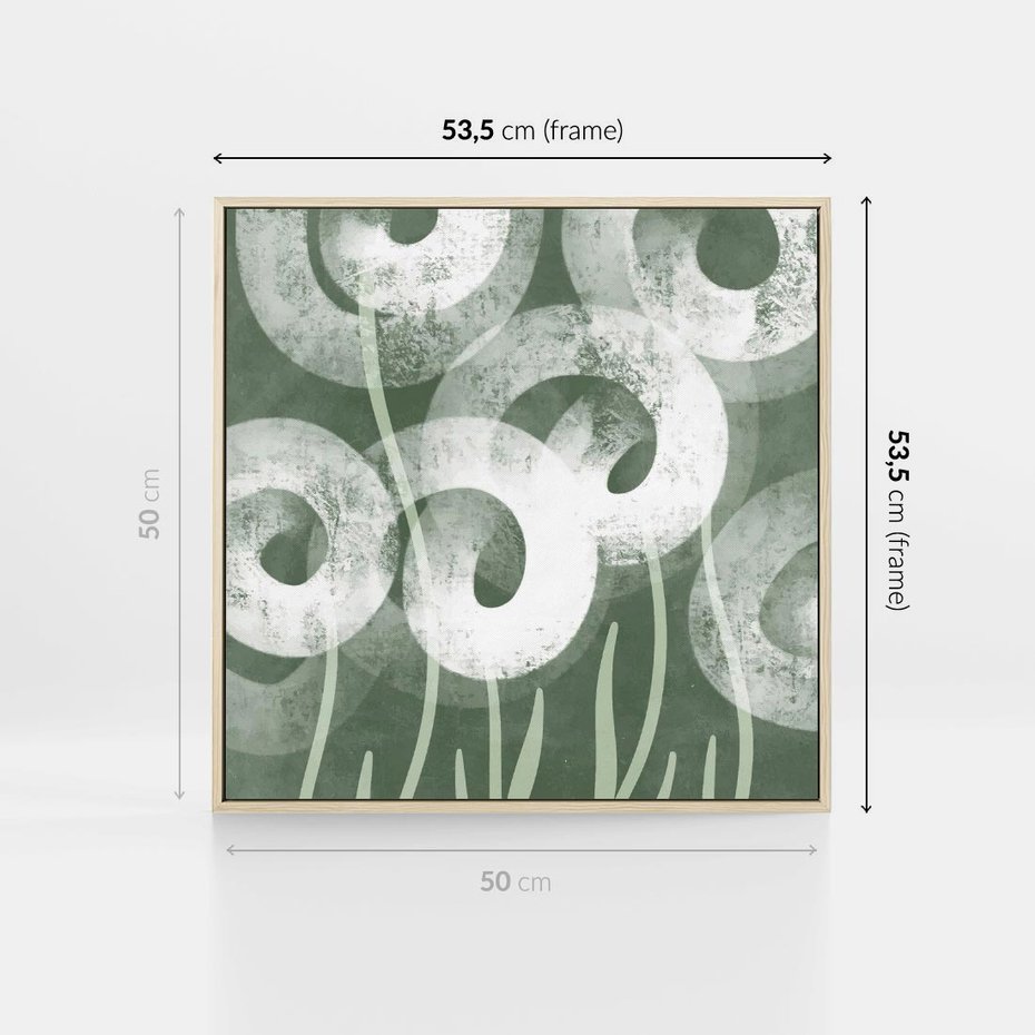 Obraz w ramie 50x50 - Spokojne Plamy Natury - zielony plakat, roślinne motywy - rama drewno