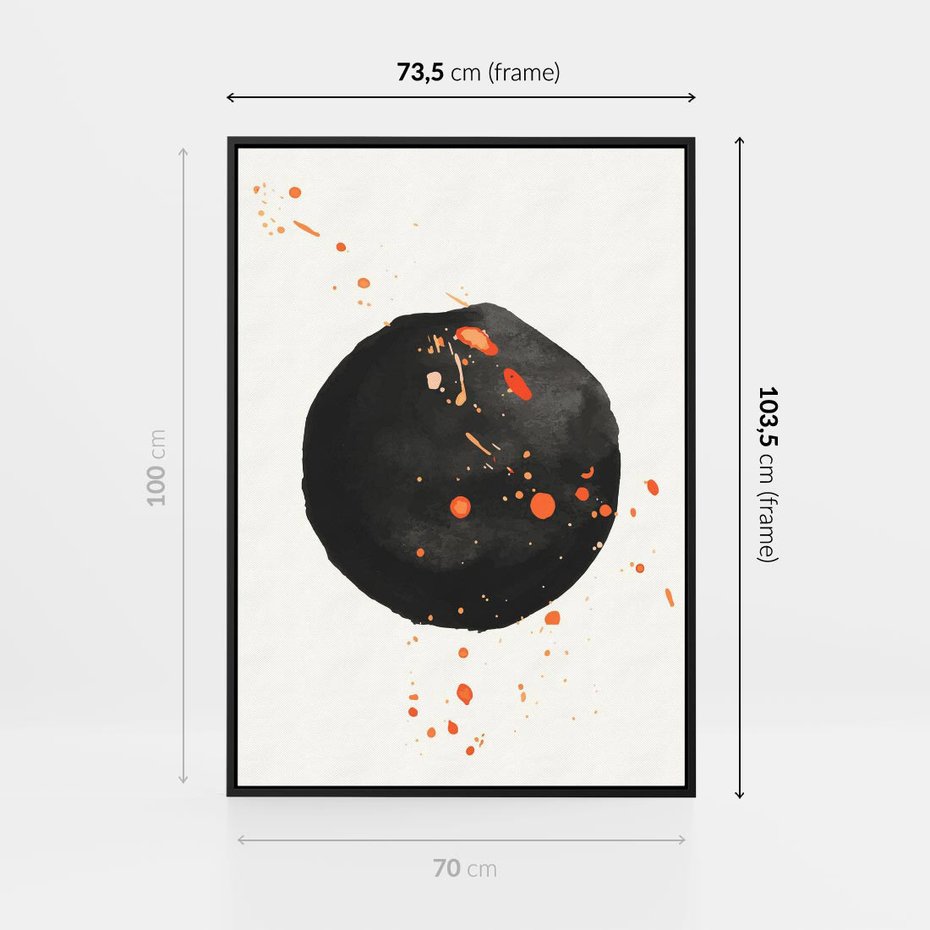 Obraz w ramie 70x100 - Wnętrza Marzeń - abstrakcyjna czarna plama, rozsiane pomarańczowe kropki - rama czarna