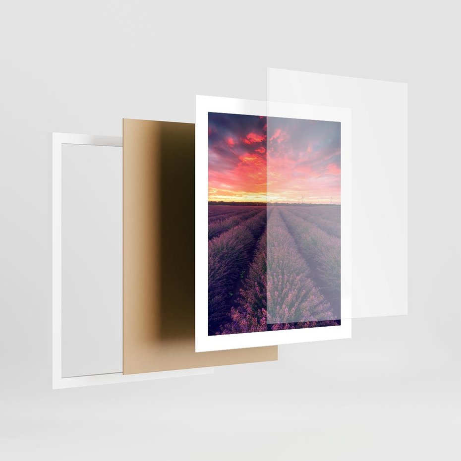 Plakat w ramie 40x50 - Różowe Niebo nad Polami - pola lawendy, zachód słońca - rama biała