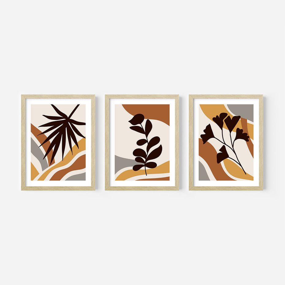 Zestaw obrazy w ramie 50x70 galeria - Liście, kwiaty, boho - rama drewno