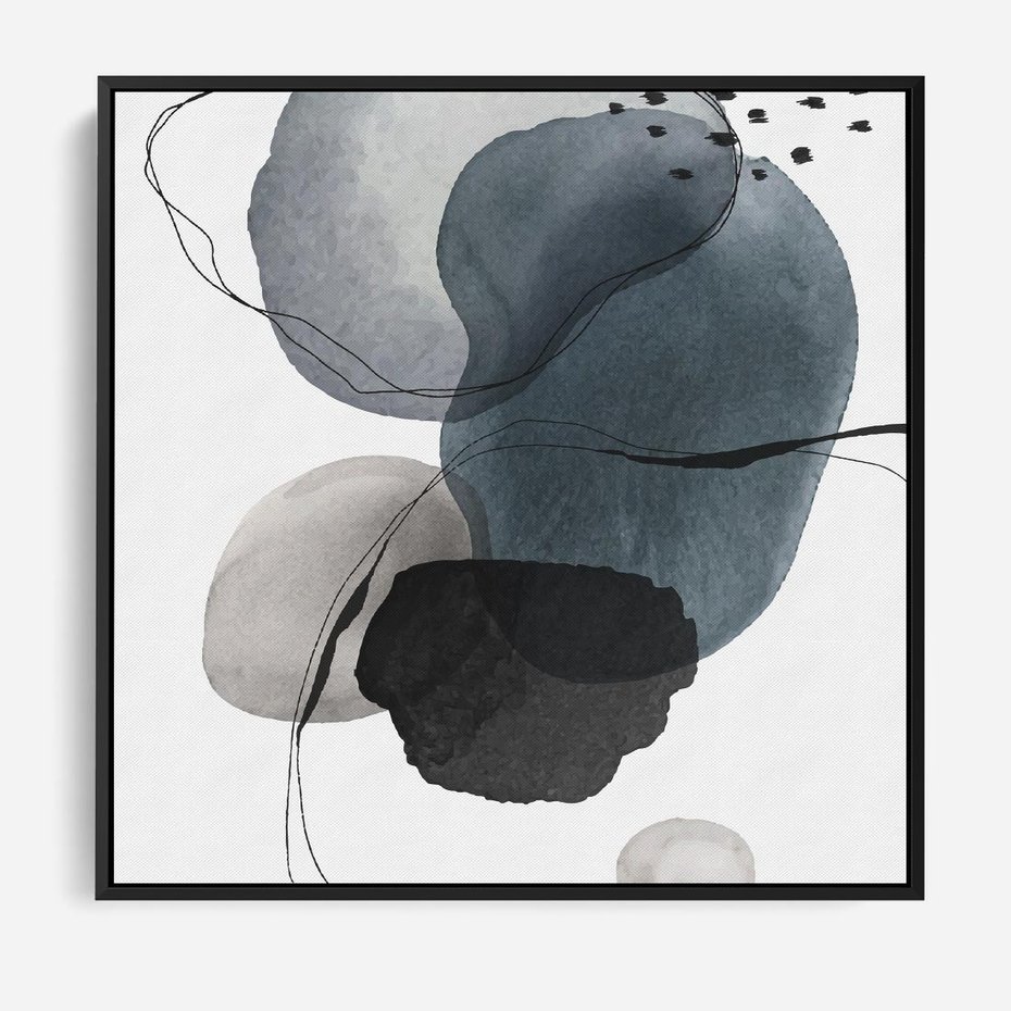 Obraz w ramie 50x50 - Wibracje Kształtów - abstrakcyjne plamy akwarelowe, czarny szkic - rama czarna