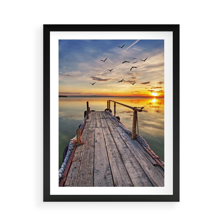 Plakat w ramie 50x70 - Spokojny pomost nad jeziorem - pomost, jezioro - rama czarna