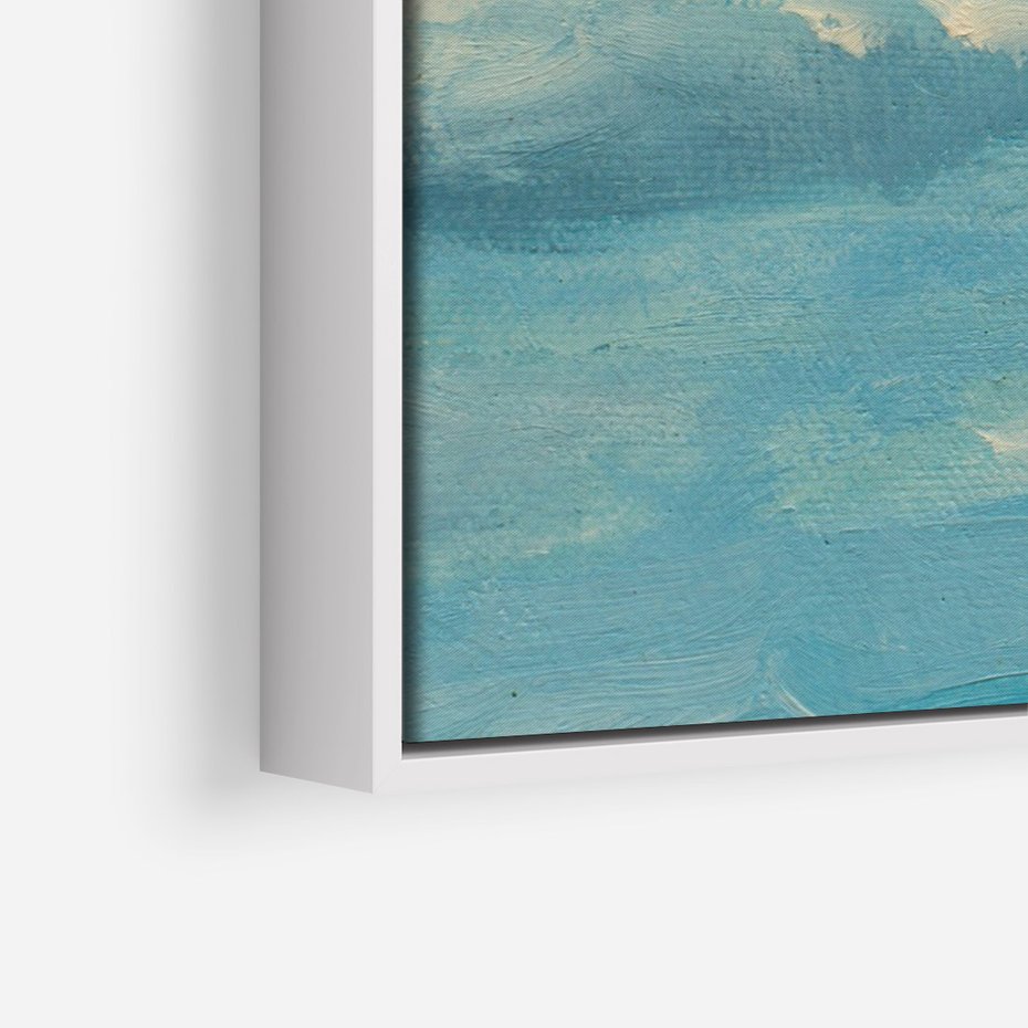 Obraz w ramie 70x100 - Oddechy niebiańskiej materii - olejny obraz, smugi farby przypominają obłoki na błękitnym niebie - rama biała