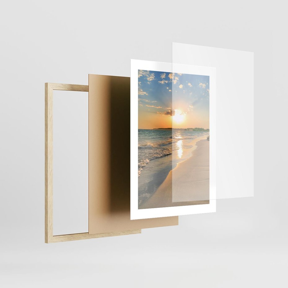 Plakat w ramie 30x40 - Zachód słońca na plaży - plaża, zachód - rama drewno