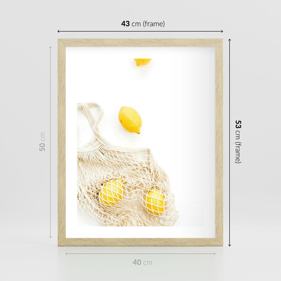 Plakat w ramie 40x50 - Cytrynowa Siatka - cytryny, materiałowa siatka - rama drewno