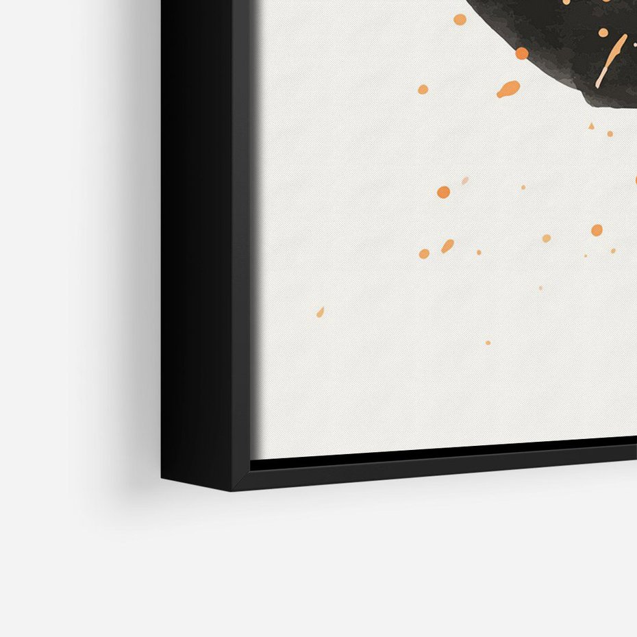Obraz w ramie 70x100 - Wibracje Kolorów - abstrakcyjna czarna plama, rozsiane pomarańczowe kropki - rama czarna