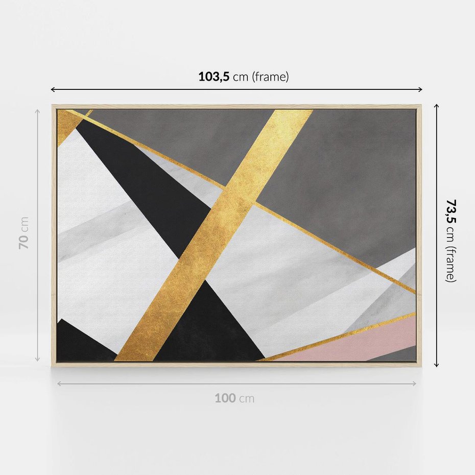 Obraz w ramie 100x70 - Pudrowe Abstrakcyjne Lustra - złote abstrakcyjne linie, szarość - rama drewno