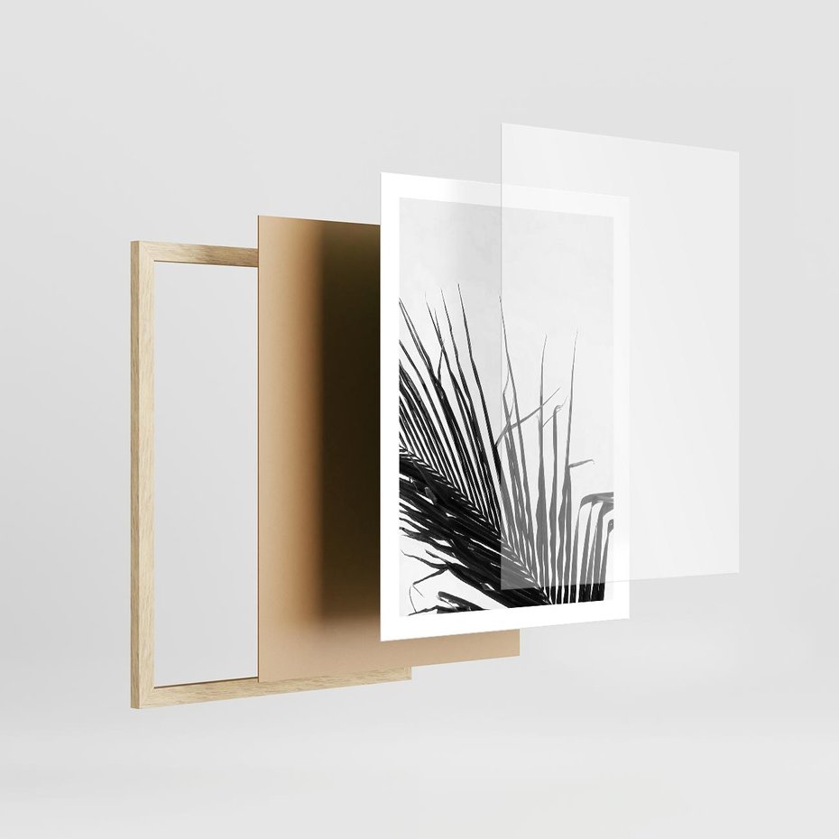 Plakat w ramie 50x70 - Sztuka Natury: Monochromatyczna Palma - palma, czarno białe zdjęcie - rama drewno
