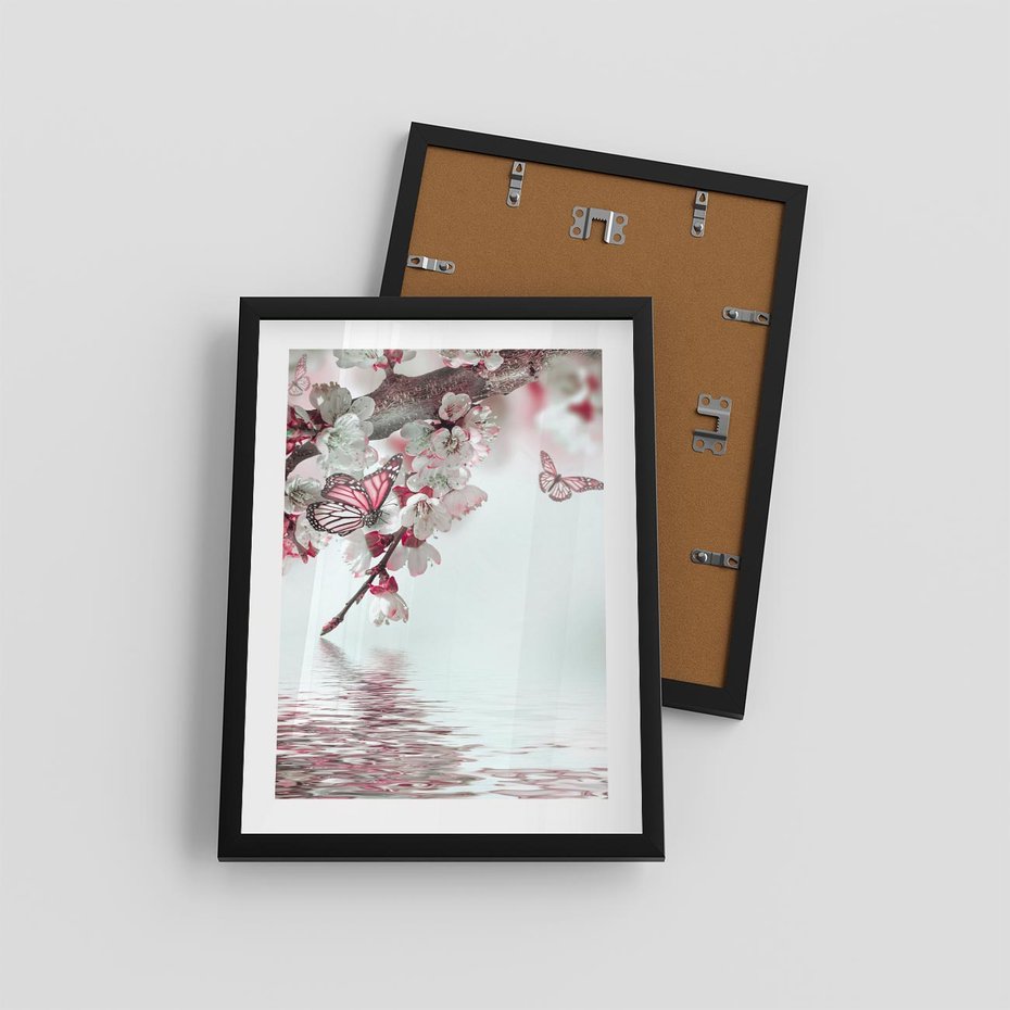 Plakat w ramie 30x40 - Kwiatowa baśń z motylami - kwiaty, motyle - rama czarna