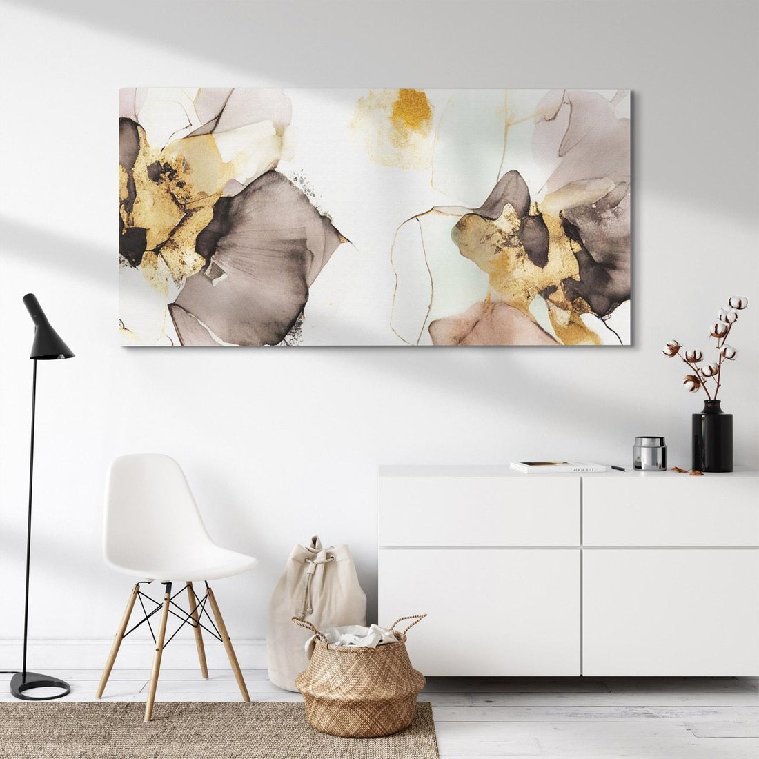 Obraz na płótnie 120x60 - Nowoczesne Elegancje - akwarela, złote linie i plamy