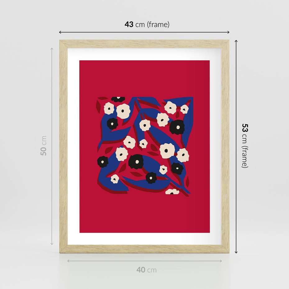 Plakat w ramie 40x50 - Kolorowe Przenikanie - abstrakcyjna kwiatowa kompozycja, czerwone mocne tło - rama drewno