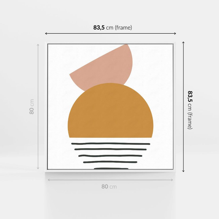 Obraz w ramie 80x80 - Kolory Przyszłości - kompozycja kół i kresek, ciepłe kolory - rama biała