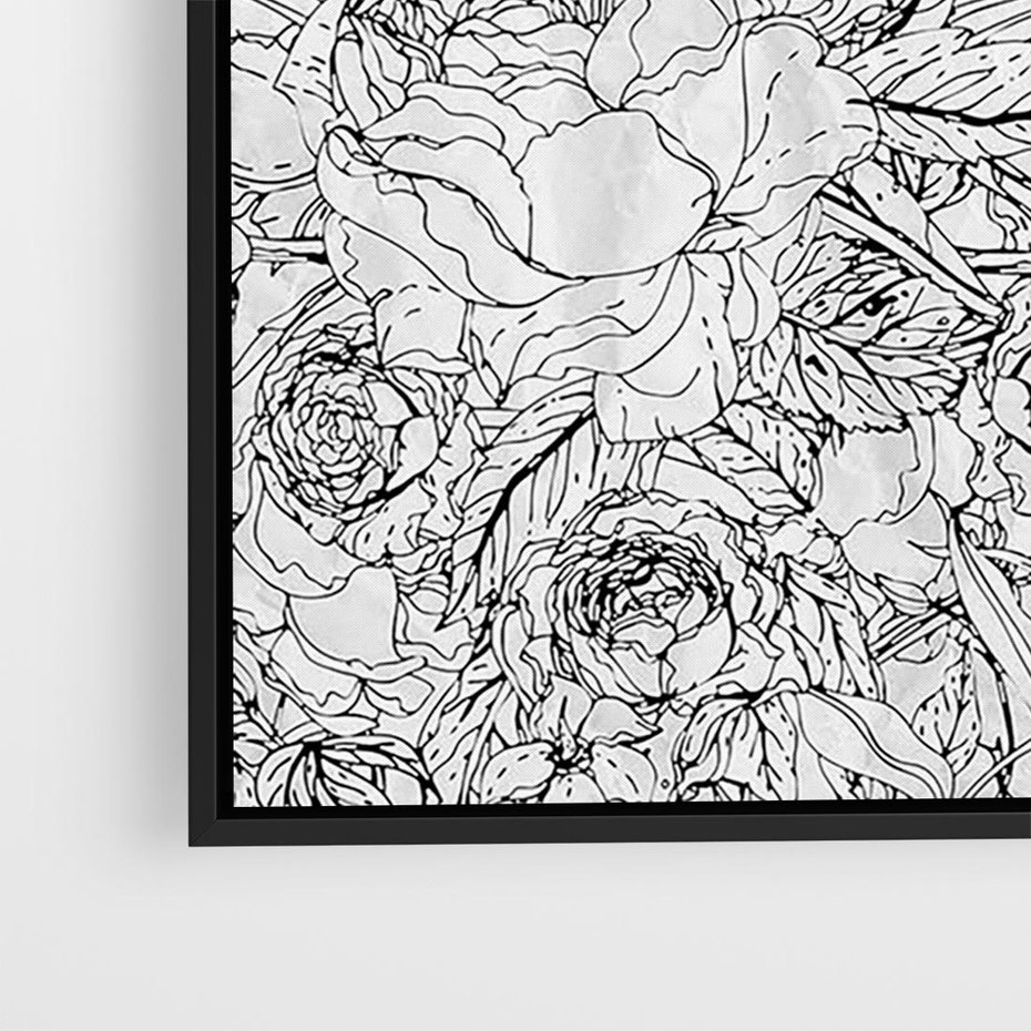 Obraz w ramie 70x50 - Refleksje w martwym punkcie - graficzny szkic, kompozycja kwiatów - rama czarna