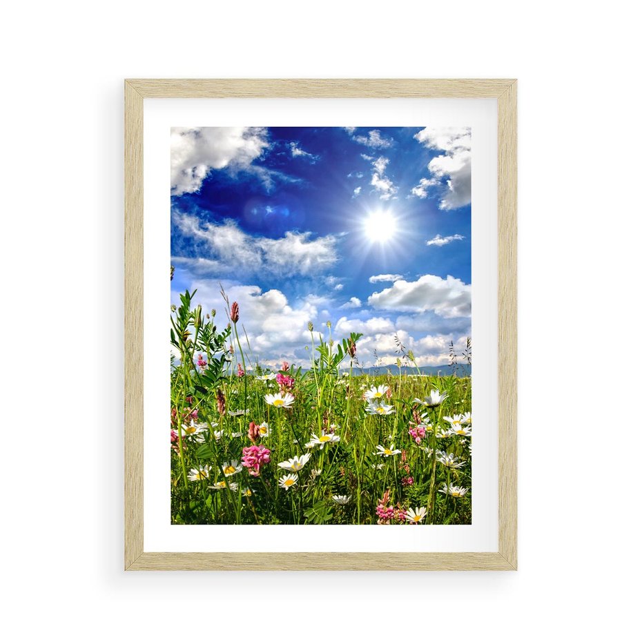 Plakat w ramie 40x50 - Niebiańska łąka pełna kwiatów - łąka, niebo - rama drewno
