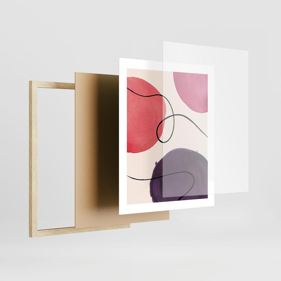 Plakat w ramie 40x50 - Migoczące Echo - abstrakcyjne akwarelowe plamy, nieregularne linie - rama drewno