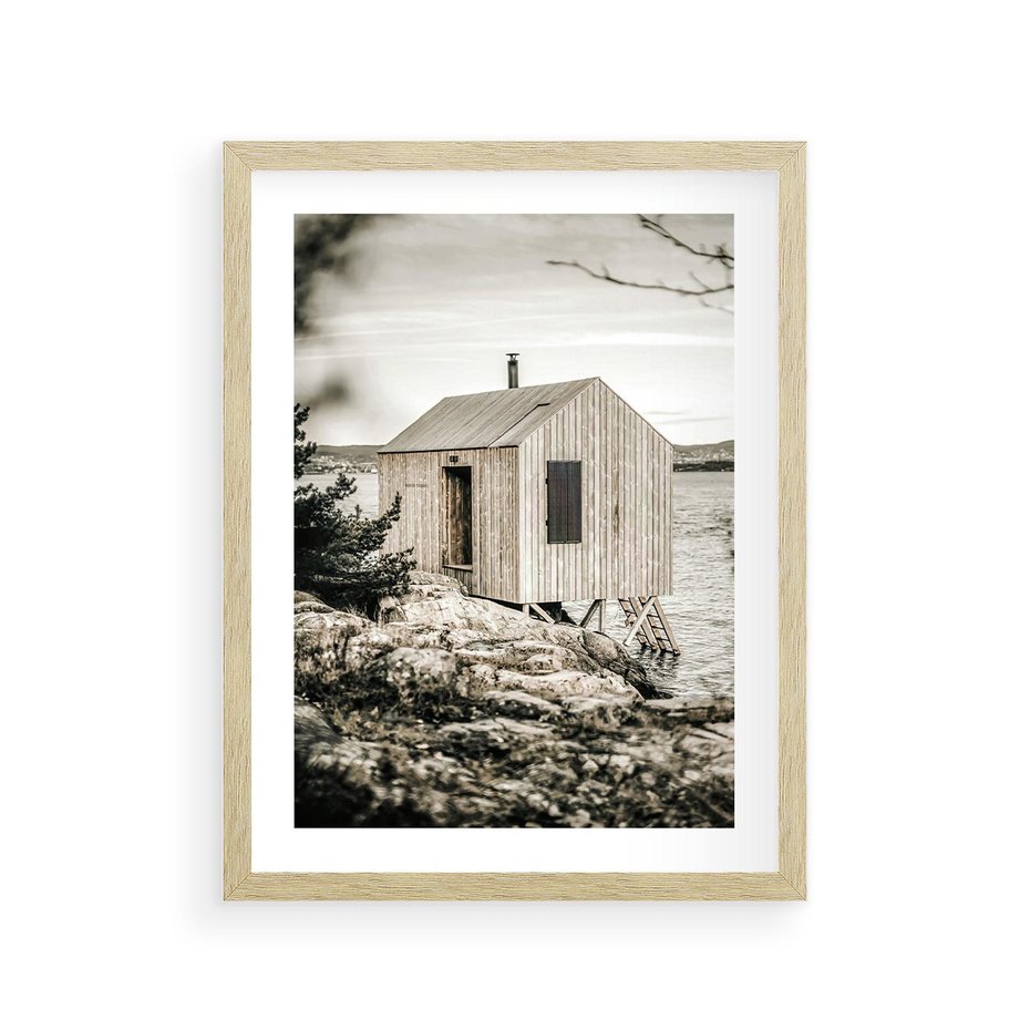 Plakat w ramie 30x40 - Nostalgiczna Oaza - rustykalny domek, domek nad jeziorem - rama drewno