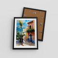 Plakat w ramie 30x40 - Spokój Miasta nad Morzem - akwarela, sródziemnomorski klimat - rama czarna