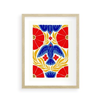 Plakat w ramie 30x40 - Eklektyczny Majestat - wyrazista grafika, mocne kolory czerwień niebieski żółty - rama drewno